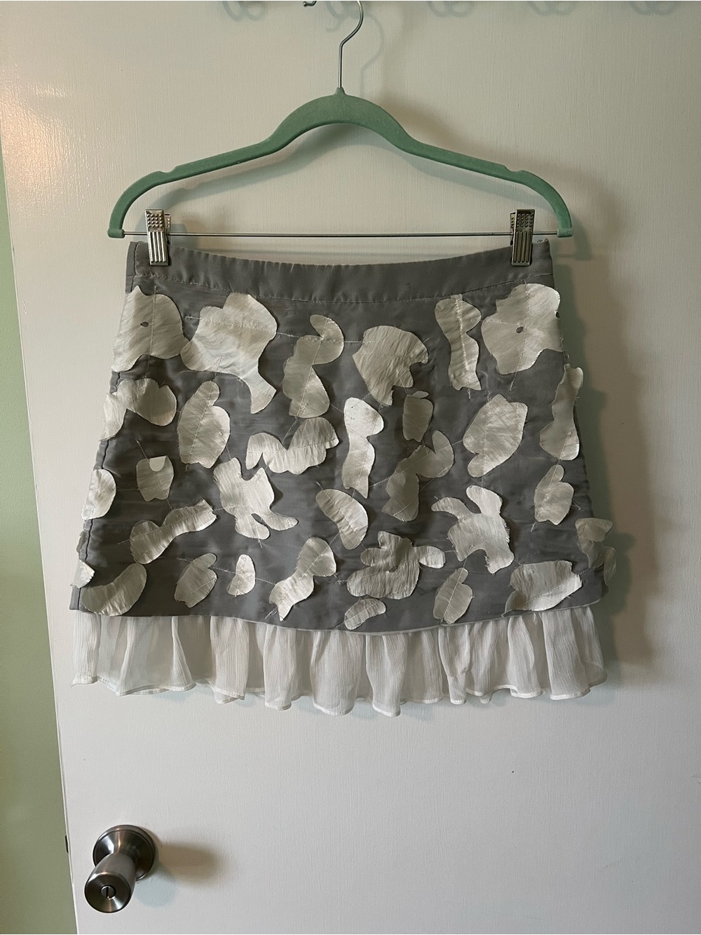 Ryu Gray Mini Skirt with White Floral Appliqué and Ruffled Hem